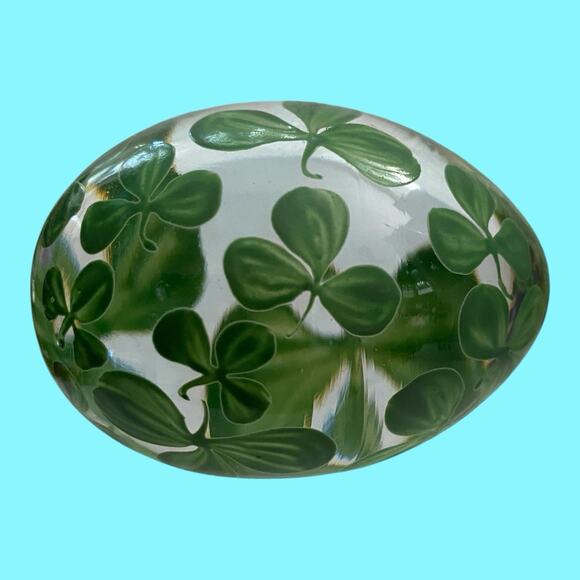Egg Shape Clear Art Glass Paperweight Hand Painted Shamrocks 3” - Picture 1 of 9